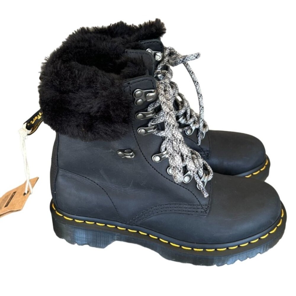 Dr. Martens 1460 Serena Collar Milo Faux Fur Ankle Boots Black Leather Size 6